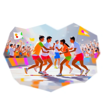 A lively scene depicting athletes from various countries engaging in a friendly sports tournament. There are players wearing colorful uniforms representing different nations, showcasing their unique designs and flags. Some athletes are engaged in a relay race, passing a baton with determined expressions, while others are seen in a cooperative game, strategizing and supporting each other. In the background, a diverse crowd of spectators cheers enthusiastically, holding banners and flags. The atmosphere is vibrant and filled with energy, emphasizing the spirit of teamwork and camaraderie among participants.