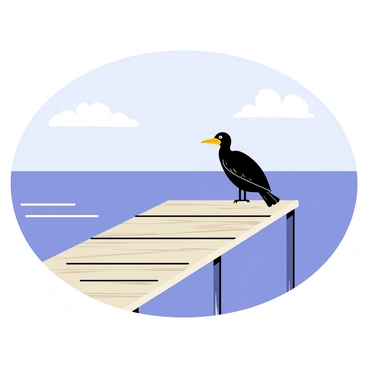 A solitary cormorant with dark feathers is perched on a weathered wooden pier. The pier has horizontal planks with a rough texture, extending over the calm ocean waters. The cormorant is gazing intently towards the horizon, where the ocean meets the sky. Soft ripples can be seen in the water, reflecting the gentle light of the day. The background features a clear blue sky with a few fluffy white clouds.