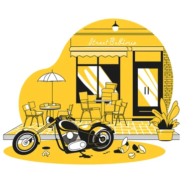 A motorcycle lying on its side on the cobblestone street, its body angled away from the quaint street bistro. The motorcycle is black with chrome accents. Nearby, several tables and chairs are scattered about, some overturned, with a few chairs resting on their sides. The bistro's outdoor seating area has a small umbrella on one of the tables, while a brick facade with large windows is visible in the background. A potted plant sits on the edge of the sidewalk, adding to the scene.