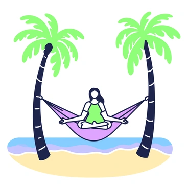 A woman is sitting cross-legged in a hammock strung between two palm trees. She has long hair and is wearing a flowing dress. The hammock is gently swaying as she meditates peacefully. In the background, there are tall palm trees with green leaves and a clear blue sky. The sandy beach is visible below, with gentle waves lapping at the shore. The scene conveys a sense of tranquility and connection to nature, with a subtle breeze rustling the leaves of the palm trees.