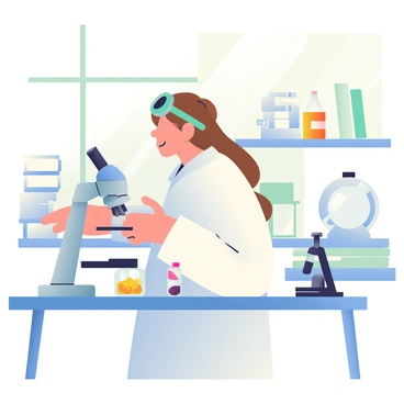 A woman with light brown hair tied back is standing in a forensic lab, examining evidence under a microscope. She is wearing a white lab coat with the sleeves rolled up, and she has safety goggles perched on her head. On the table in front of her, there are various evidence containers, including a small bag containing powder and a vial with a clear liquid. The lab is filled with scientific equipment, including a centrifuge and stacks of case files. There is a window in the background that allows soft light to enter the room, casting gentle shadows.