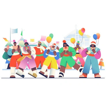 A lively parade is taking place, showcasing a variety of colorful costumes worn by participants. People of different ethnic backgrounds are marching proudly, each dressed in traditional attire that reflects their cultural heritage. The costumes feature vibrant patterns and intricate designs, with bright reds, blues, yellows, and greens dominating the scene. Musicians are positioned along the parade route, playing lively tunes on instruments such as drums, flutes, and trumpets. Spectators line the streets, clapping and dancing along to the rhythm, while colorful banners and flags sway gently in the breeze, adding to the festive atmosphere. Balloons in various shapes and colors float above the crowd, enhancing the celebratory mood of the event.