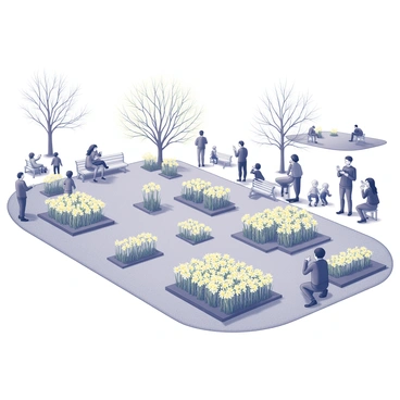 A park filled with a variety of "daffodil displays" arranged in neat, colorful clusters on well-maintained grassy areas. Groups of people are scattered throughout the scene, some standing and admiring the flowers, while others are kneeling down to take close-up photos. Children are playing nearby, running around and laughing, their excitement adding to the lively atmosphere. A few people are sitting on benches, engaged in conversations and enjoying the beautiful surroundings. The sky above is clear, and the sunlight casts soft shadows on the ground, highlighting the vibrancy of the flowers.