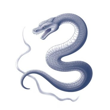 A large serpent, Jormungandr, is depicted coiling around itself in a dynamic pose. Its scales feature intricate patterns, emphasizing the ornate details of its body. The serpent's head is slightly raised, showcasing fierce, striking eyes and a prominent jaw. Flowing lines weave through the composition, suggesting movement and energy in the scene. The background includes subtle hints of waves or clouds to enhance the mythological context surrounding the serpent.