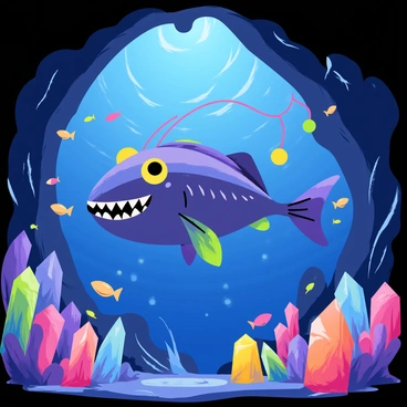 An anglerfish with a large mouth and sharp teeth swims through a mystical underwater cave. The fish has a long, luminous lure extending from its head, illuminating the surroundings. The cave is filled with various glowing crystals that emit vibrant colors, casting reflections on the cave walls. The background features swirling currents and other marine life, such as small fish and colorful coral, creating a dynamic underwater environment.