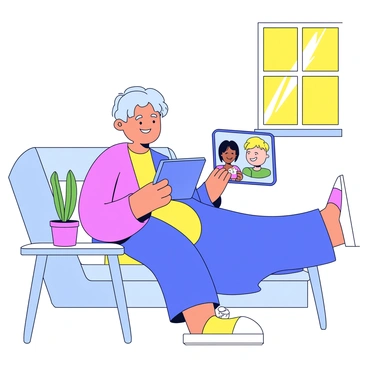 A cancer patient sits in a cozy room, comfortably propped up with soft pillows. They have a warm smile on their face as they look at a tablet in their hands. The screen displays a cheerful friend who is animatedly talking, creating a sense of connection. The patient wears a soft, colorful blanket over their legs, and the room has a small table beside them with a potted plant. Sunlight streams through a nearby window, highlighting the positive atmosphere of the moment.