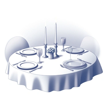 A dinner table set for two, adorned with a delicate white tablecloth. Atop the table, there are two elegant plates, accompanied by matching cutlery on either side. A pair of crystal wine glasses glimmer in the soft light, positioned beside each plate. In the center of the table, there is a small arrangement of flowers in a vase. Two tall candlesticks hold white candles, casting gentle shadows across the table and creating an intimate atmosphere. The background features faint outlines of a dimly lit room, enhancing the cozy and romantic setting.