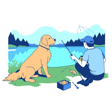 A golden retriever sitting patiently by a lake as a person fishes nearby