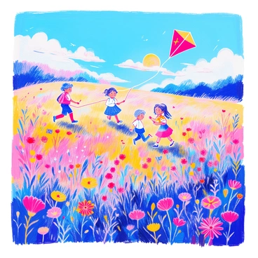 A vibrant meadow is filled with wildflowers in various colors, creating a lively backdrop. Several children are scattered throughout the field, each holding a different colored kite that soars high in the sky. One child has a bright red kite shaped like a dragon, while another has a blue kite with a star pattern. A third child is laughing as they run, their yellow kite fluttering in the wind. The sunlight streams down, illuminating the joyful expressions on the children's faces as they engage in their playful activity. In the distance, a few fluffy white clouds drift lazily across the blue sky.