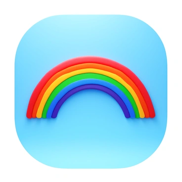 A rainbow made of vibrant digital paint strokes arching gracefully across a clear blue sky. The paint strokes display a variety of colors including red, orange, yellow, green, blue, and violet, each blending seamlessly into the next. The strokes have a textured appearance, resembling brushwork, and radiate a sense of liveliness. The sky is devoid of clouds, creating a crisp backdrop that enhances the brilliance of the rainbow.