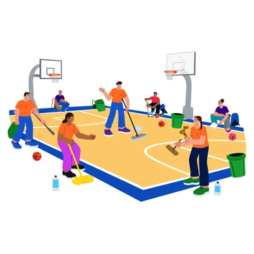 A group of volunteers wearing bright orange shirts is actively cleaning a basketball court. They are using brooms and mops to sweep away dust and debris from the polished wooden floor. One volunteer is picking up trash and placing it in a green recycling bin while another is spraying cleaner on the sidelines. The basketball hoops are visible at both ends of the court, with a few colorful basketballs scattered around. In the background, spectators are seated, waiting for the next match to begin.