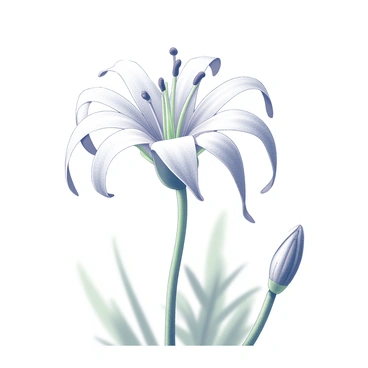 A single spider lily stands upright with its delicate petals gracefully unfurling. The flower exhibits long, slender, curling petals that radiate outward. Tiny droplets of dew cling to the petals, reflecting the soft morning light. The stem of the lily is green and slender, supporting the bloom elegantly. In the background, there are blurred hints of green foliage, creating a natural context that emphasizes the flower's beauty. The scene captures the intricate details of the spider lily as it sparkles under the gentle sunlight.