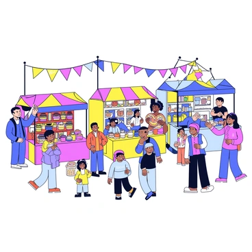 A vibrant village festival taking place in a sunny outdoor setting. There are several colorful stalls showcasing handmade goods, each adorned with bright decorations. The stalls are filled with various crafts such as woven baskets, pottery, and handmade jewelry. In the background, a group of musicians is playing traditional instruments, creating a lively atmosphere. People of different ages are gathered around, some browsing the stalls while others are enjoying the music. Banners and flags hang above the festival, adding to the festive feel.