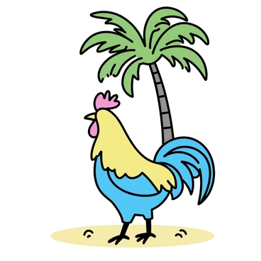 A rooster with bright tropical plumage, featuring vibrant greens, blues, and reds, stands on a sandy beach. The rooster has a distinct comb on its head and its feathers glisten in the sunlight. It is positioned under a tall palm tree with broad fronds that sway gently in the breeze. The sandy beach stretches out in the background, with small grains of sand visible beneath the rooster's feet. Soft shadows are cast on the sand from the palm tree above.