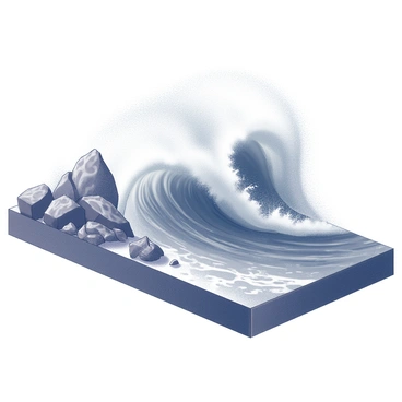 A large ocean wave is crashing dramatically against a rugged rocky shoreline. The wave is thick and foamy, showcasing its immense power as it splashes against the stones. The rocks are jagged and uneven, with water cascading over their surfaces. The scene is contained within a rectangular board with dimensions of 30 by 20, emphasizing the dynamic movement of the wave and the solidity of the rocks. There is a sense of energy and force in the interaction between the water and the land.