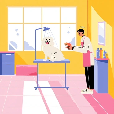 A pet grooming salon with bright colorful walls and a shiny tiled floor. In the center, a fluffy white dog is sitting on a grooming table, looking content as a groomer trims its fur. The groomer is wearing an apron and has a focused expression while working. Water from a showerhead splashes lightly around the dog, with bubbles forming in the air. Various grooming tools like scissors, brushes, and dog shampoo bottles are arranged neatly on a nearby counter. There are large windows allowing sunlight to stream in, illuminating the cheerful atmosphere of the salon.