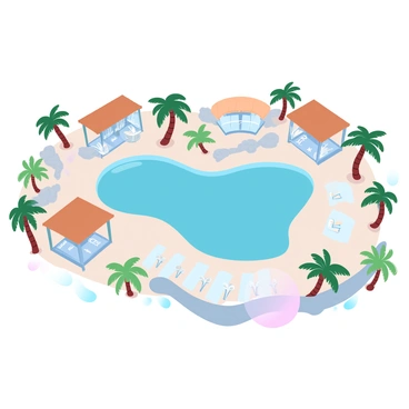 A spacious beach resort floor plan features a large lagoon pool at the center, surrounded by several cabanas. The cabanas are designed in a modern style with thatched roofs and comfortable lounge chairs. The lagoon pool is shaped organically, with gentle curves and areas for lounging. Pathways made of natural stone wind around the pool and lead to the cabanas. Tropical plants and palm trees are strategically placed throughout the area, adding to the resort's ambiance. Sun loungers and umbrellas are scattered along the pool's edge, inviting relaxation. A bar area with seating overlooks the pool, providing refreshments for guests enjoying the sun.