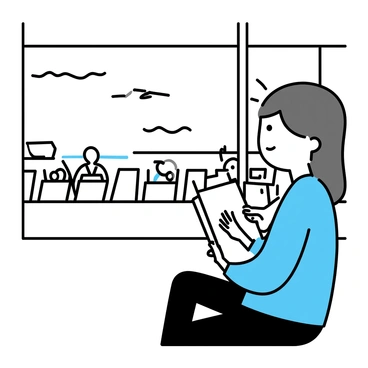 A girl with long brown hair is sitting in an airport terminal. She is wearing a light blue sweater and black jeans. She is holding a travel magazine in her hands, looking out the large window with a thoughtful expression. Outside the window, several airplanes are visible on the tarmac. The terminal has rows of seats and travelers in the background.