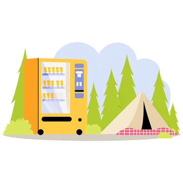 A vending machine located at a campsite, featuring a wooden frame and a glass front displaying various items. The machine is stocked with essential gear, including bright yellow flashlights and small boxes of matches. Surrounding the vending machine are several tall pine trees and a gravel path leading up to it. In the background, a tent is pitched with a red and white checkered blanket placed nearby on the ground. A clear blue sky above enhances the outdoor atmosphere of the campsite.