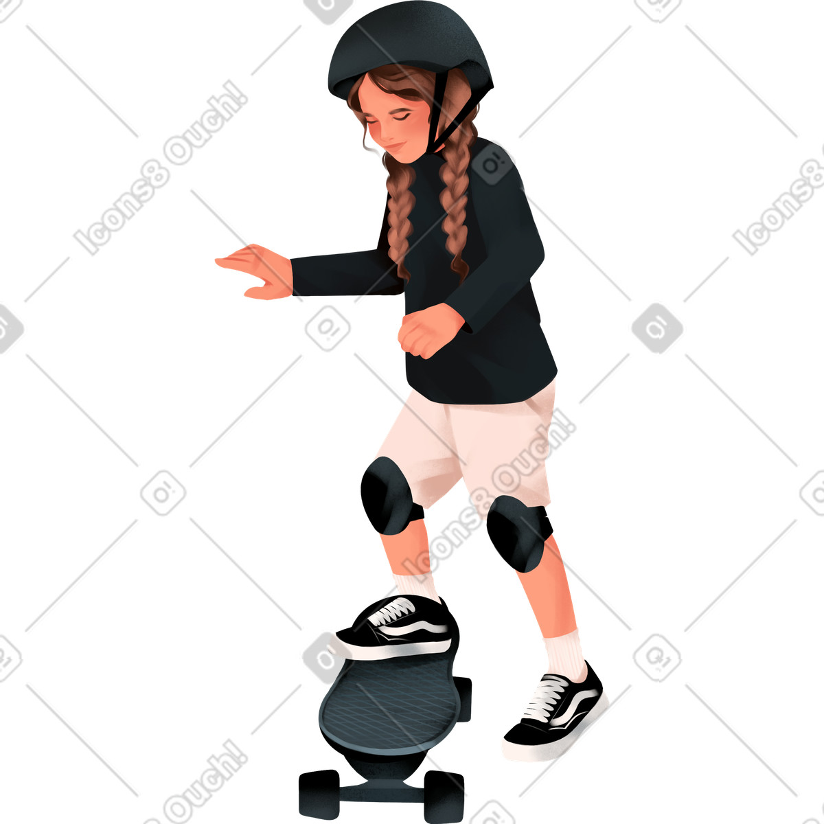 Ilustração de Menina com capacete anda skate em no estilo Demure para baixar em PNG, SVG