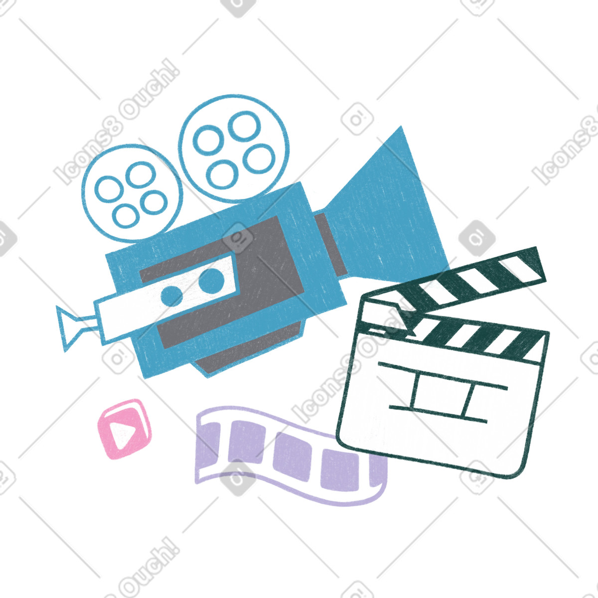 Illustration Caméra vintage et clap pour les réalisateurs dans le style Tutti à télécharger aux formats PNG, SVG