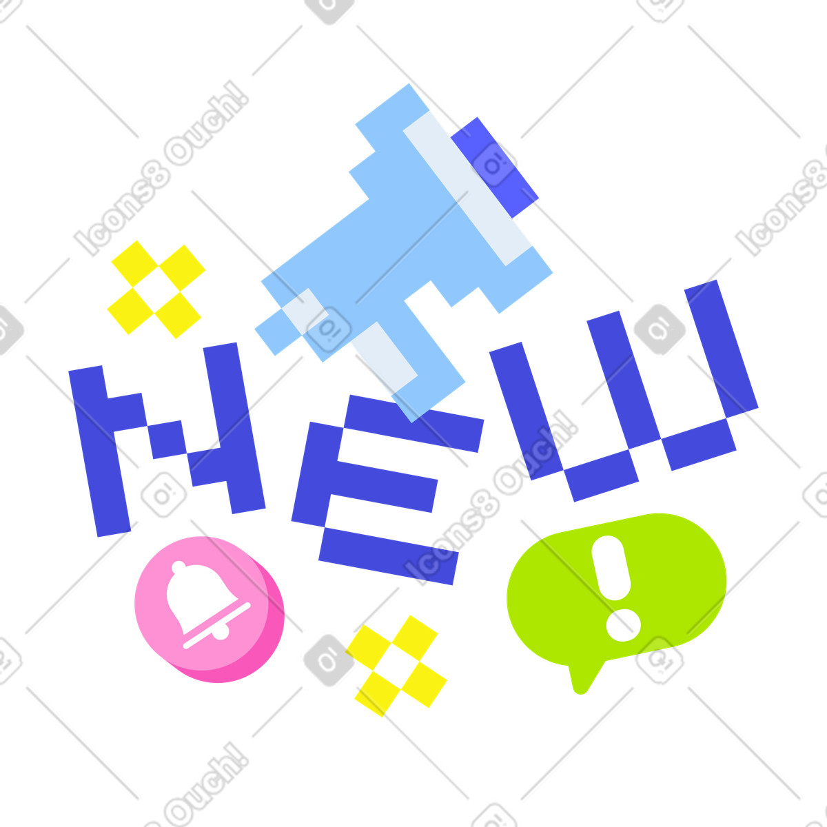 Ilustración Megaphone with new lettering and icons, Announcement alert concept en estilo 8bit a descargar en PNG y SVG