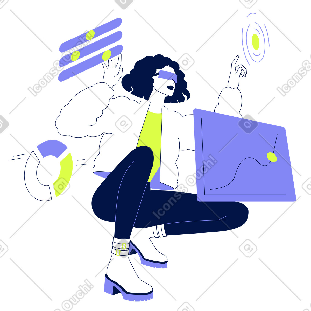 User interacting with a virtual infographic, Immersive data dashboard and presentation tools animated illustration in Glow style download in GIF, Lottie (JSON), AE