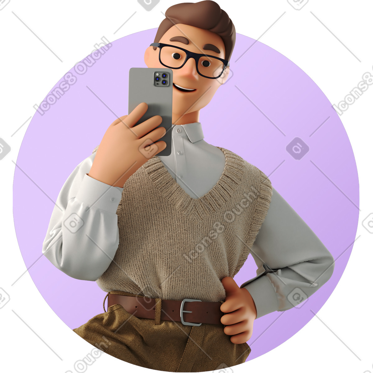 Young man with a phone in his hands taking selfie-Illustration im 3D Business-Stil als Download PNG, SVG