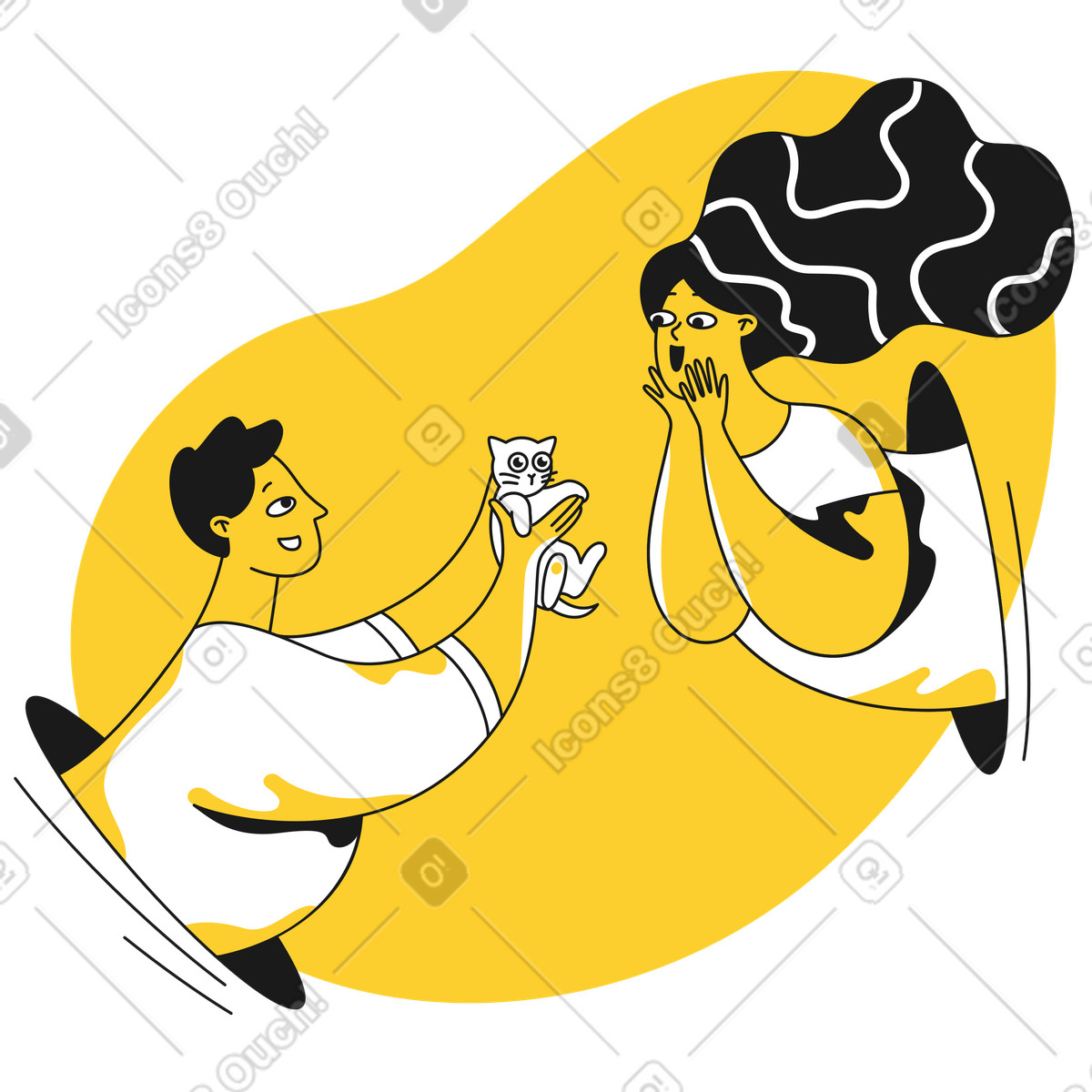 Man gives a woman cute kitten illustration in Taxi style download in PNG, SVG