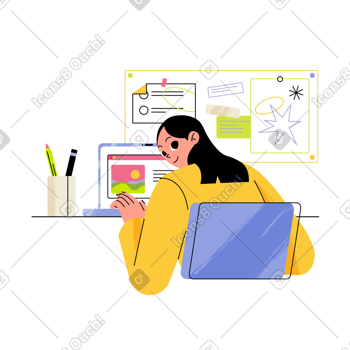 Ilustração animada de Garota trabalhando em casa em GIF, Lottie (JSON), AE