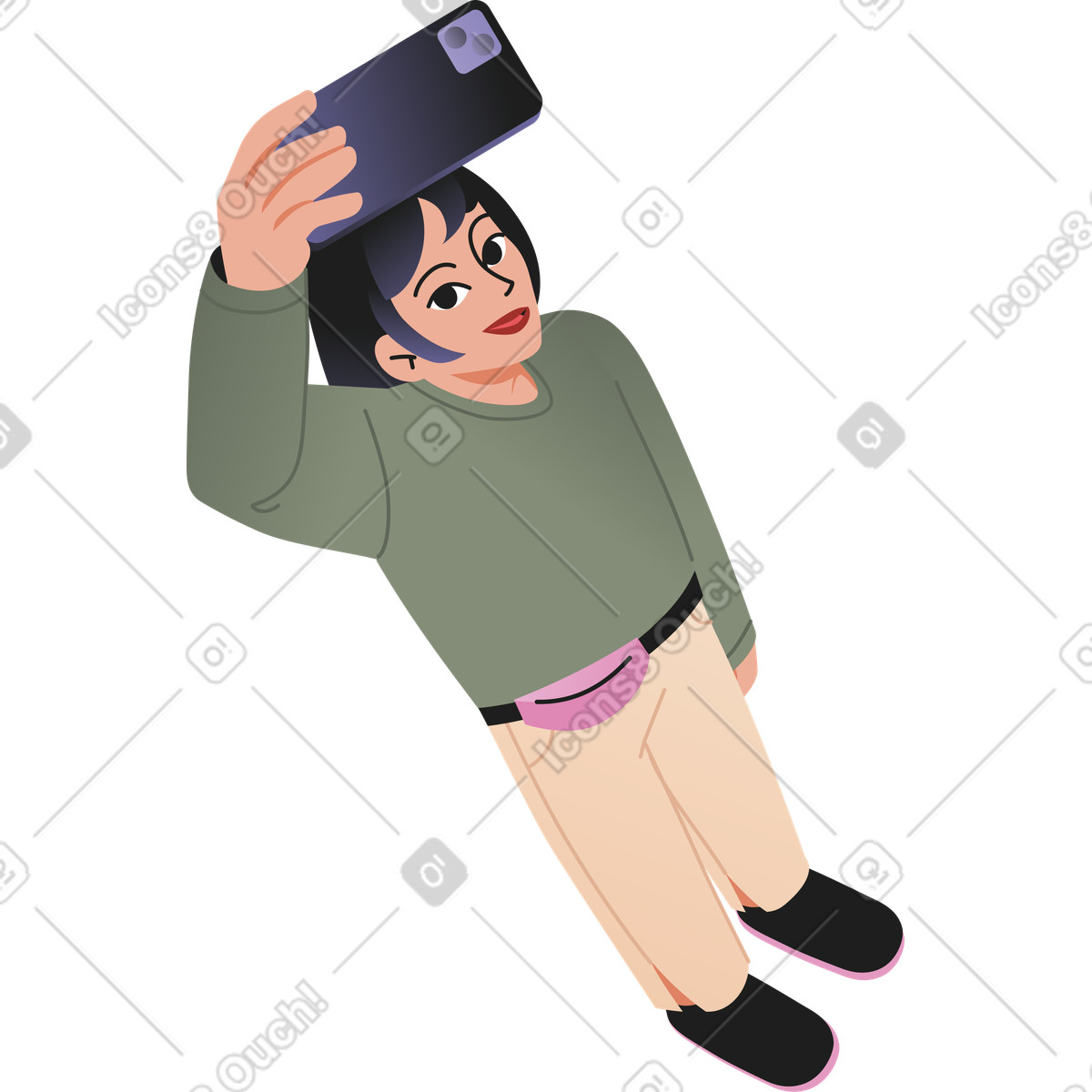 Giovane donna che prende una vista selfie dall'alto illustrazione in stile Coworking scarica in PNG, SVG