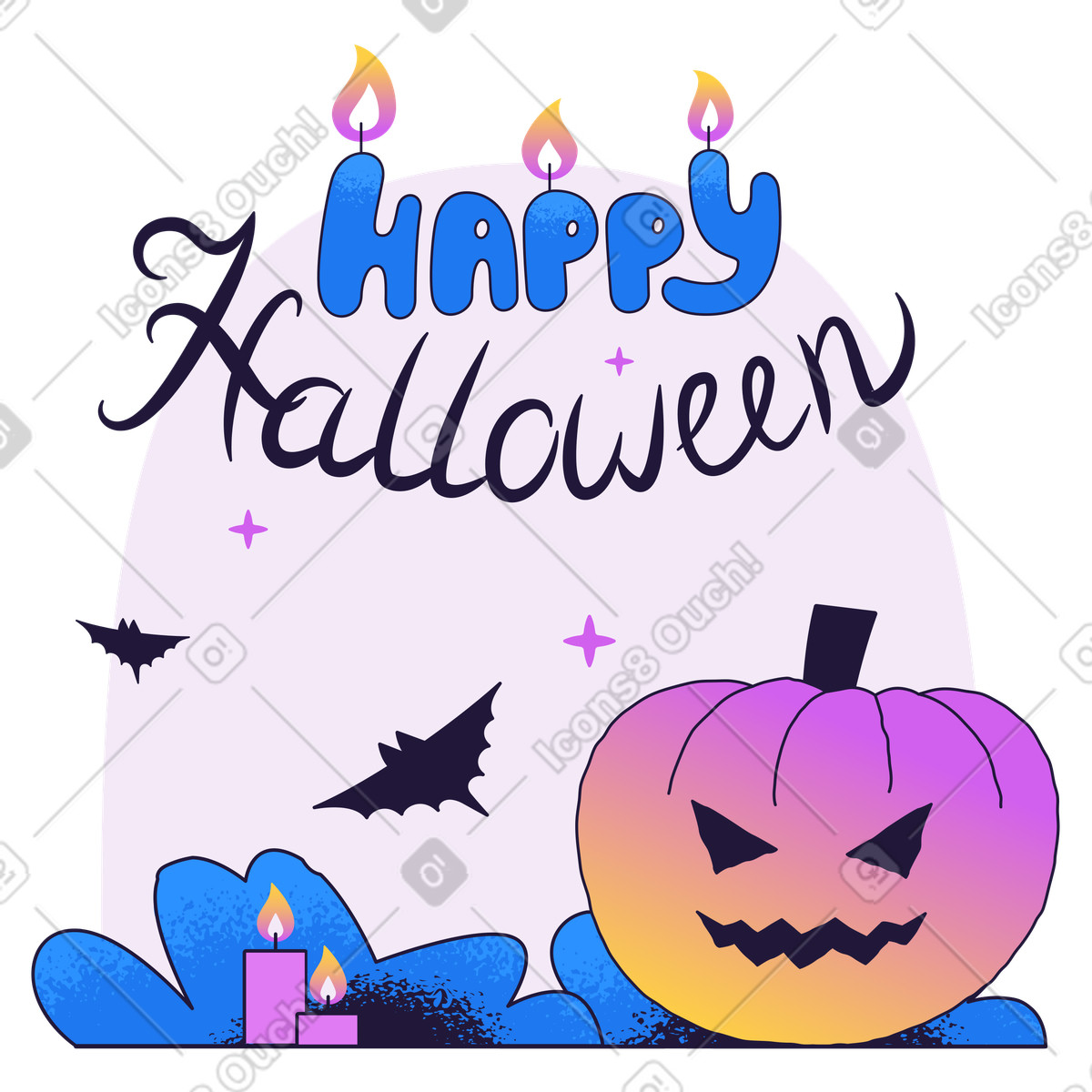 Illustration Joyeux lettrage d'halloween et citrouille maléfique dans le style Conifer à télécharger aux formats PNG, SVG