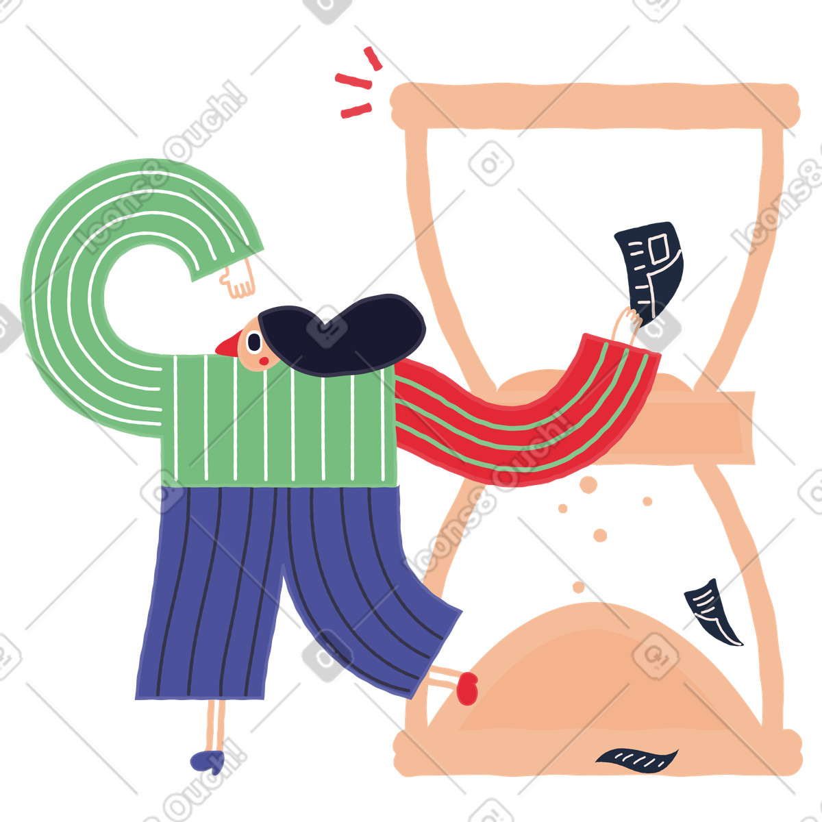 Il tempo stringe e la donna corre con i documenti illustrazione in stile Stripy scarica in PNG, SVG