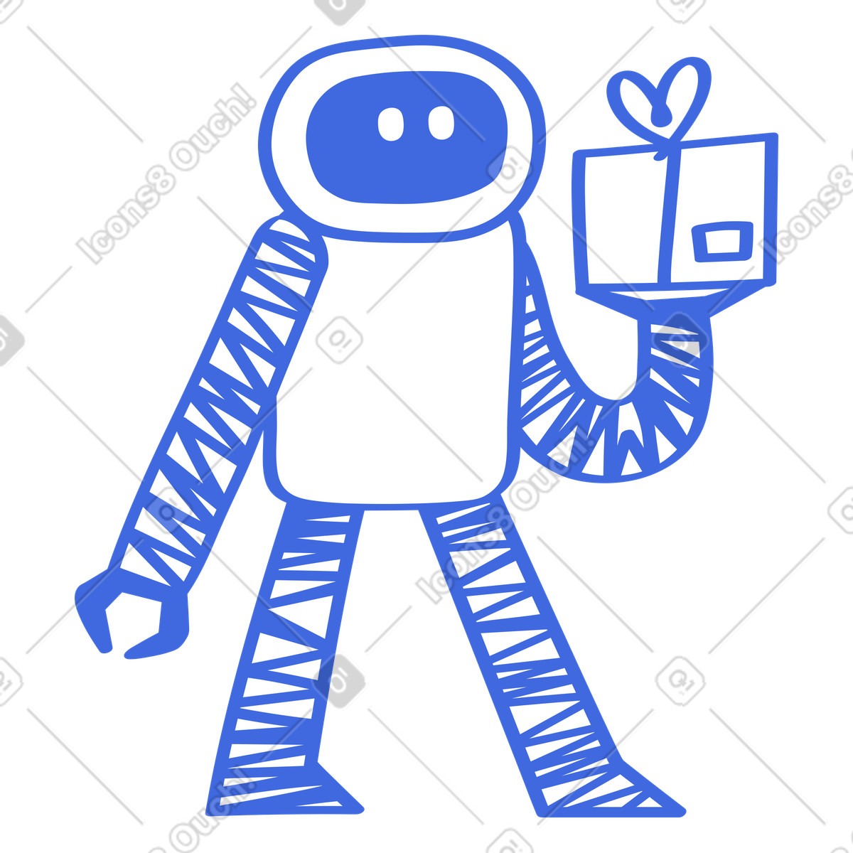 Robot holding gift box with heart ribbon delivery service-Illustration im Ballpoint Pen-Stil als Download in PNG, SVG