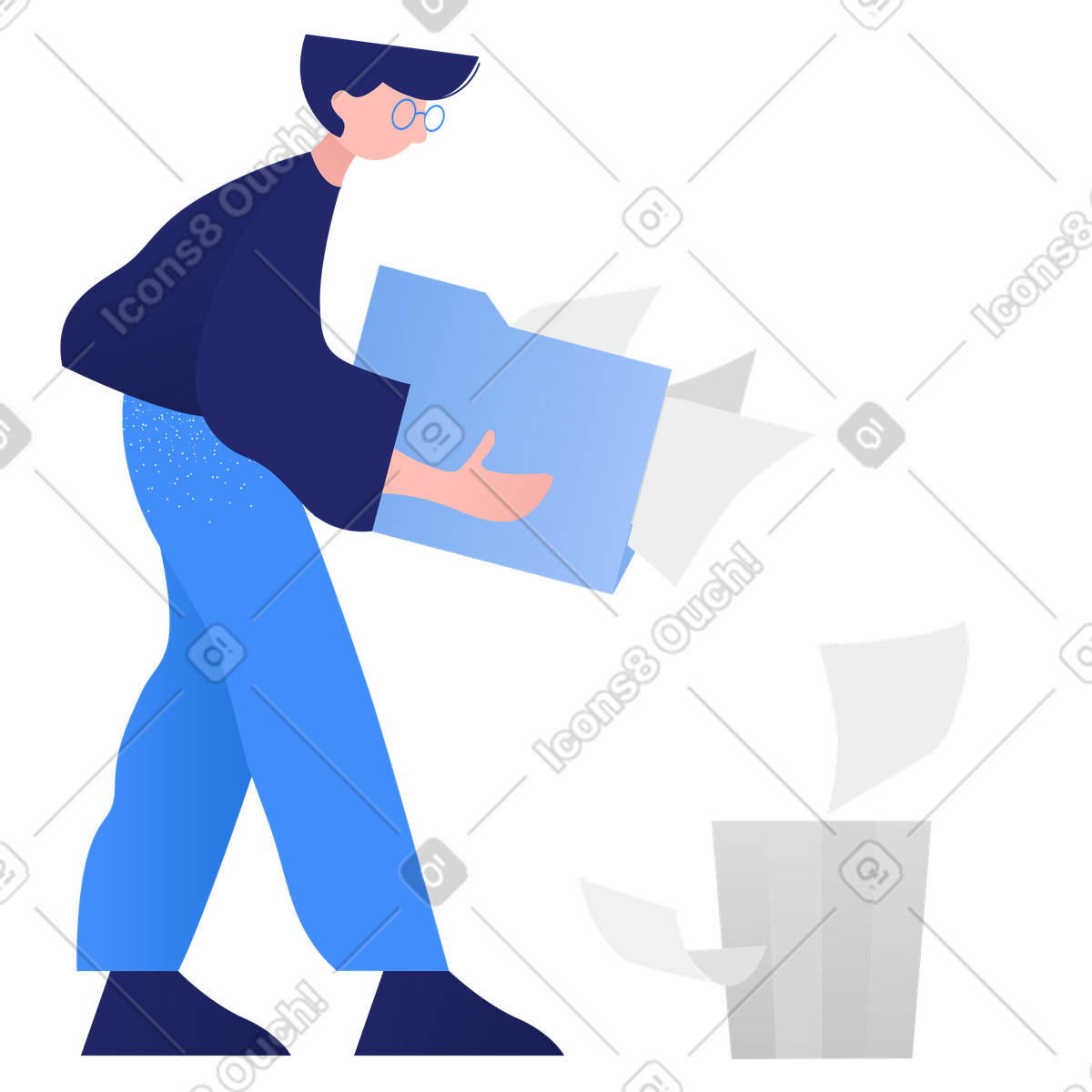 Office worker throwing paper documents into bin, File deletion or data cleanup illustration in Clip style download in PNG, SVG