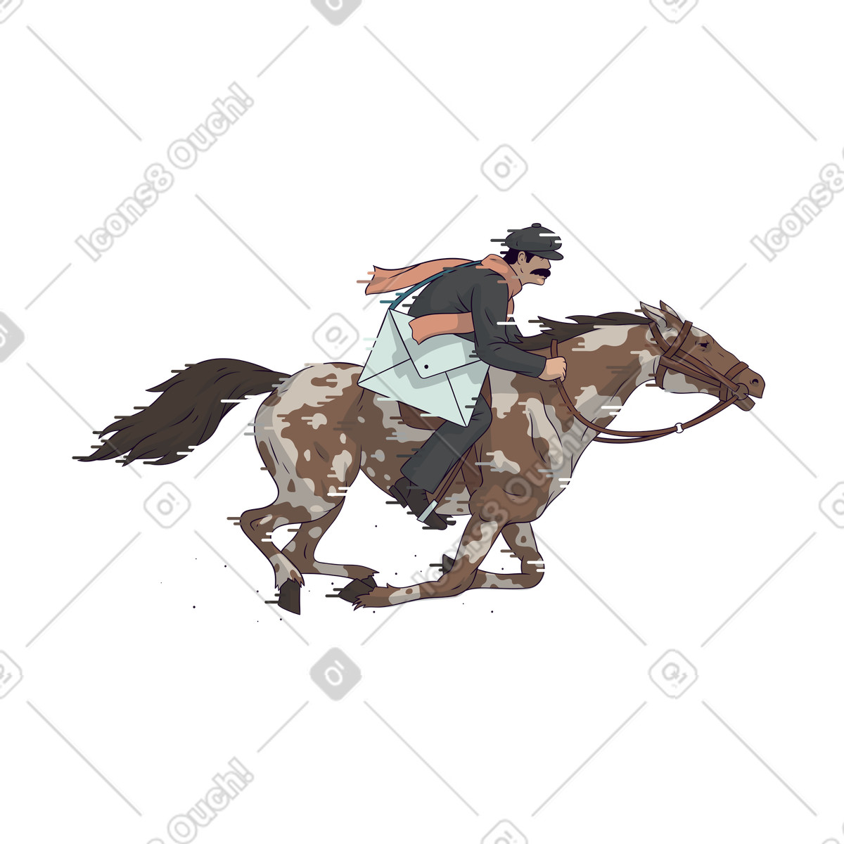 Illustration Mail courier riding galloping horse, Express service and urgent postal delivery dans le style Eastwood à télécharger aux formats PNG, SVG