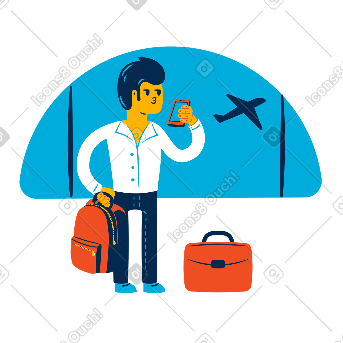 Businessman using smartphone at airport, Business trip preparation and planning-Illustration im Flame-Stil als Download in PNG, SVG