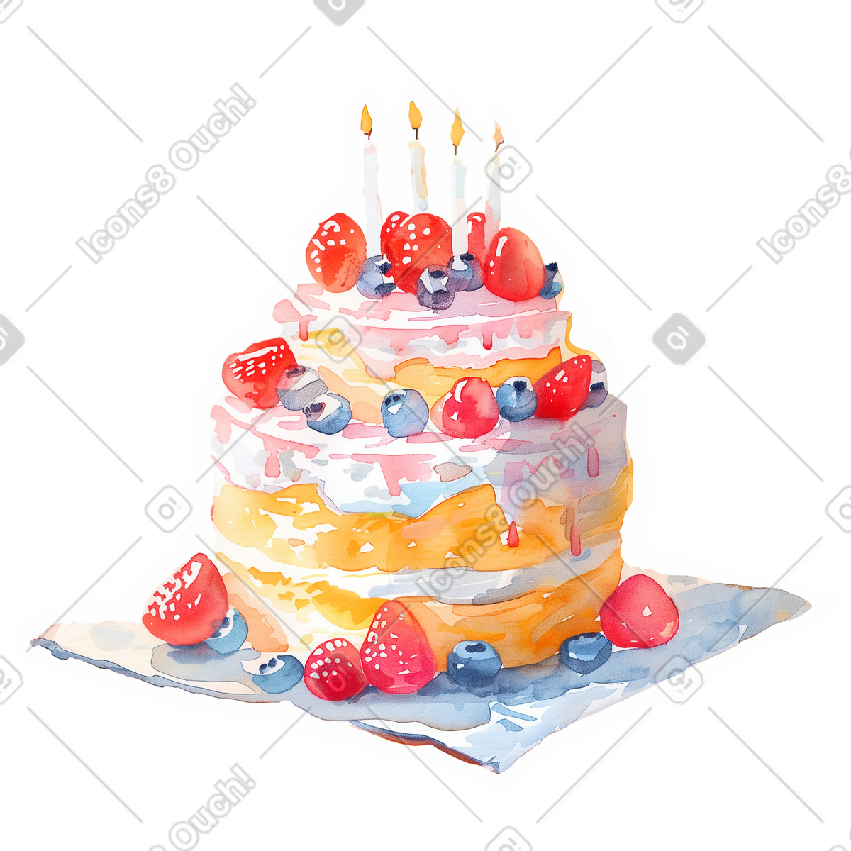 下载 Watercolor 风格的 带蜡烛和水果的蛋糕 插画，支持 PNG、SVG 格式