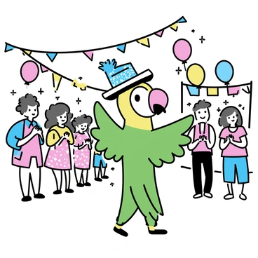 A colorful parrot mascot, featuring bright green wings and a vivid red beak, stands at the forefront of the parade. The parrot is wearing a large, festive hat adorned with sparkling sequins. Surrounding the mascot, a crowd of people is dressed in vibrant costumes, filled with patterns and bright colors. Balloons in various shapes and hues float above the spectators. Colorful banners and flags are strung along the street, fluttering in the breeze. The atmosphere is lively, with people smiling and clapping as the parade progresses.