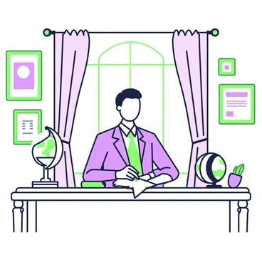 A mayor with neatly combed hair is sitting at a large, ornate desk in a well-decorated office. The mayor is wearing a formal suit and tie. On the desk, there are several stacks of papers arranged neatly, and the mayor is signing one of the documents with a fountain pen held in the right hand. Behind the mayor, there is a large window with curtains, allowing light to fill the room. On one side of the desk, there is a framed photo and a small green potted plant, while on the other side, a decorative globe sits at the edge of the desk. The walls of the office are adorned with framed certificates and artwork.