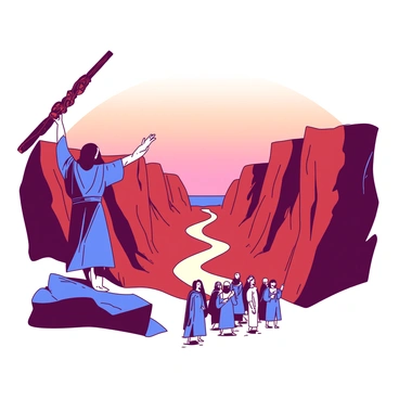 A blue figure representing Moses is standing on a rock, raising a staff high above his head. The staff is made of a dark wood with intricate carvings. In front of him, the red waters of the Red Sea are dramatically parting, creating towering walls of water on either side. The sea reveals a path of dry sand that stretches forward, leading into the depths of the parted waters. In the distance, a group of figures representing the Israelites are beginning to walk cautiously along the sandy path, looking back towards Moses with expressions of awe and determination. The sky above is a soft gradient transitioning from orange to pink, suggesting a time of day just before sunset.