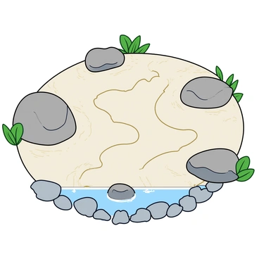 A tranquil zen garden with raked sand, stones, and a small water feature