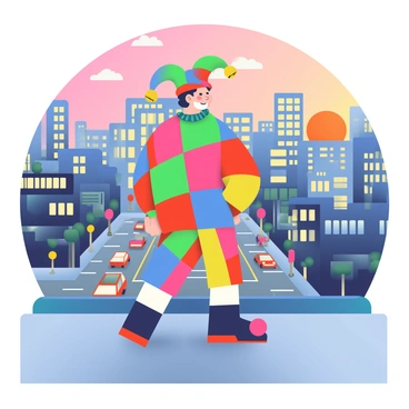 An arlequin with a colorful checkered costume is standing on a rooftop, looking out over a bustling city. The costume features bright reds, greens, blues, and yellows, with a distinctive jester hat adorned with bells. The background showcases a vibrant skyline filled with tall buildings, some with illuminated windows, as the sun sets, casting orange and pink hues across the sky. Below, the streets are lively with people and cars, creating a sense of movement and energy. The arlequin's expression is one of contemplation as they take in the scene.