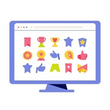 A digital screen showcasing a collection of vibrant achievement badges. Each badge has a unique shape and design, featuring bright colors like red, blue, green, and yellow. The badges include symbols such as stars, trophies, and thumbs up, representing various accomplishments. The screen is set against a simple background to emphasize the badges, creating a focus on their details and vibrant colors.