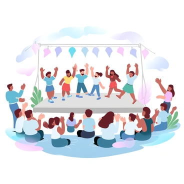 A group of children is performing a play on a small outdoor stage. The children are dressed in colorful costumes, each representing different characters in the story. They are standing in various poses, displaying enthusiasm and excitement as they act out their scenes. In front of the stage, a crowd of parents and teachers is watching intently. The parents are seated on picnic blankets and folding chairs, while teachers are standing nearby, clapping and encouraging the performers. Decorative banners are hanging from the stage, and the sun is shining brightly overhead.