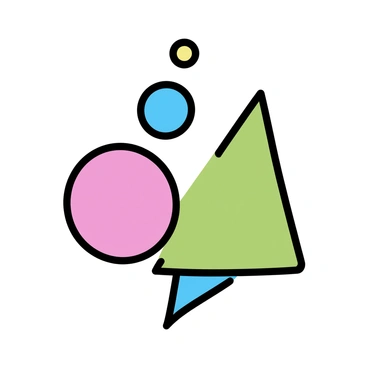 A composition featuring overlapping geometric shapes in various sizes. The shapes include circles, triangles, and rectangles, filled with bright colors such as red, blue, green, and yellow. Each shape has a distinct outline, adding definition to the piece. The background is a solid white, allowing the bold colors to stand out prominently.