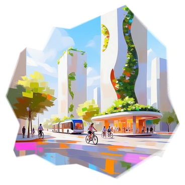 A futuristic cityscape featuring sleek, modern buildings with lush greenery integrated into their architecture. Tall skyscrapers have vibrant vertical gardens and rooftop parks, with various shades of green cascading down their sides. The streets are lined with wide pedestrian walkways and bike lanes, where people are seen using clean transport options such as electric buses and bicycles. The sky is clear, allowing for sunlight to illuminate the scene, highlighting the harmony between nature and technology in this urban environment.
