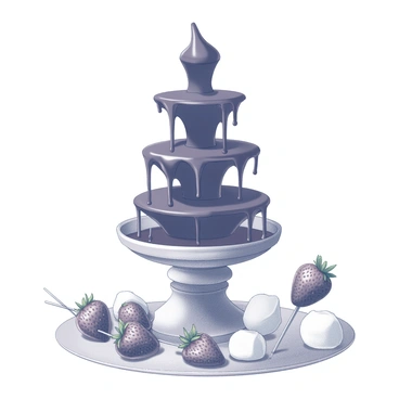 A flowing chocolate fountain surrounded by strawberries and marshmallows