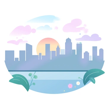 A city skyline is visible from a rooftop, showcasing a mixture of tall skyscrapers and smaller buildings. The horizon is filled with a gradient of pastel colors as the sun sets, casting shades of pink, orange, and purple across the sky. In the foreground, the rooftop has a small garden with green plants and a few flowers. Soft clouds are scattered in the sky, reflecting the warm colors of the sunset. The city lights are just beginning to twinkle as evening approaches.