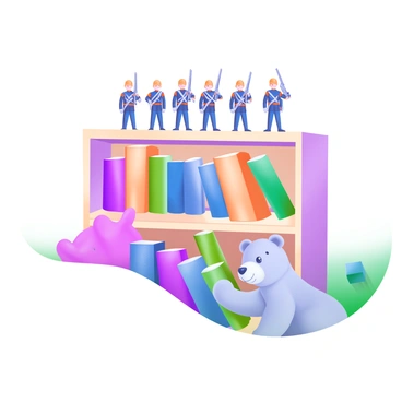 A child's bookshelf is filled with colorful books, and on the top shelf stands a row of tin soldiers. Each soldier is meticulously painted in bright colors, wearing shiny uniforms and holding small metal rifles. The soldiers are standing at attention, displaying various poses and expressions. The bookshelf itself is made of light wood, with some of the books slightly askew next to the soldiers, creating a playful atmosphere. A small stuffed bear is visible nearby, watching over the soldiers.